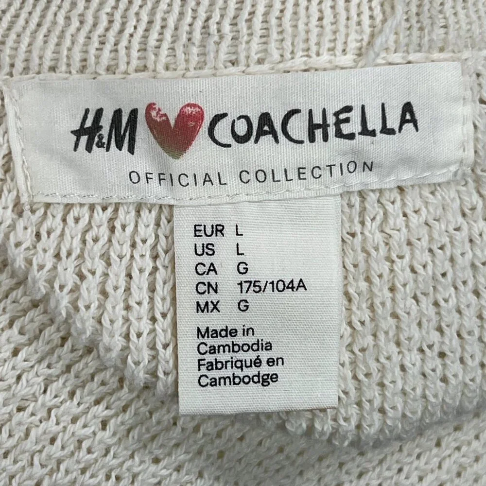 H&M COACHELLA Large Cream Cardigan Sweater Oversized Boho Fringe Knit‎ Casual